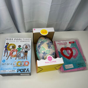 NIB Pool Lot: Confetti Pool Tubes (4 Round & 1 Heart Shaped) & Water Football
